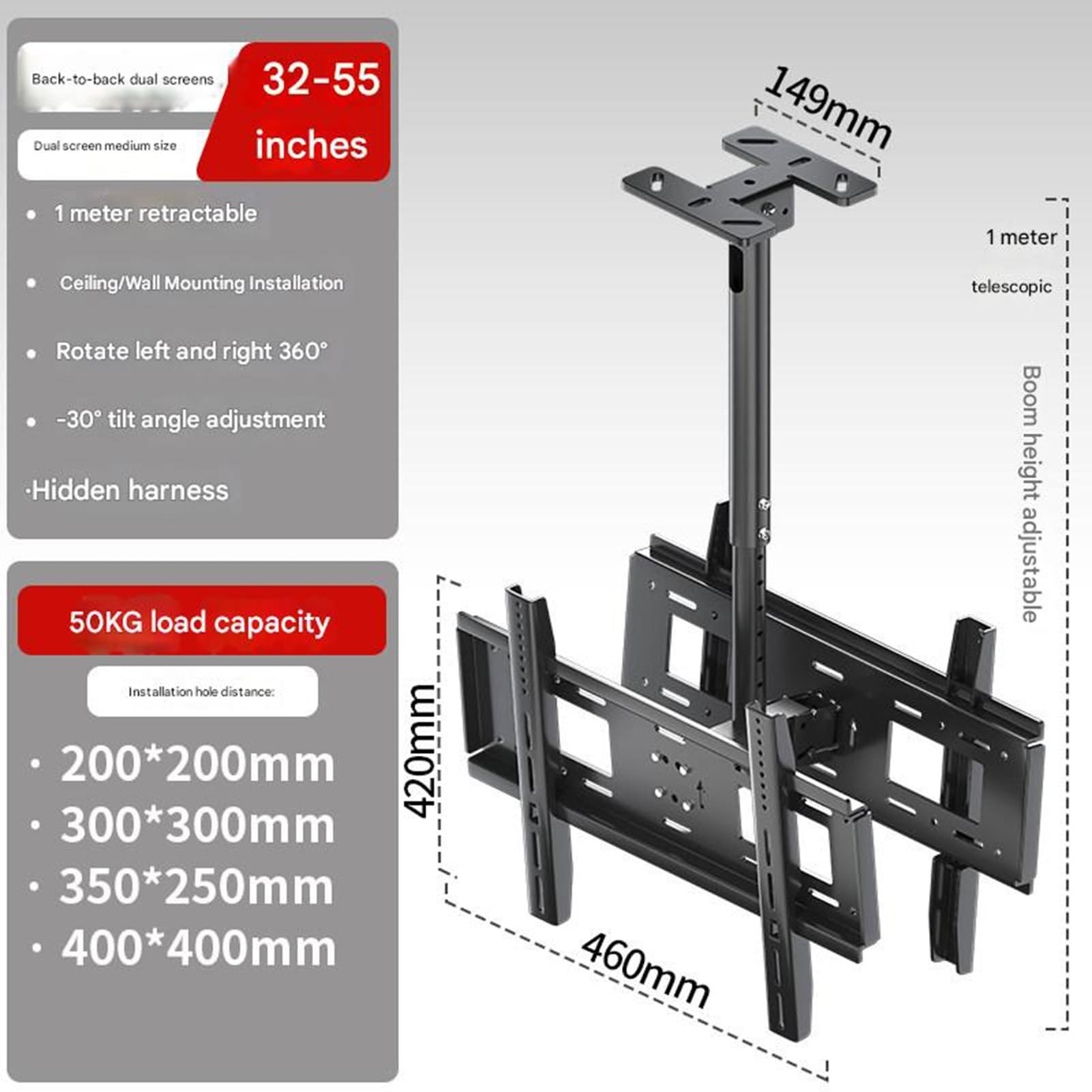 Supporto TV da soffitto per TV da 26-75", double-face, inclinabile, girevole a 360°