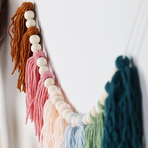 Vista 25 de Guirnalda de borlas azules con cuentas de madera, pancarta bohemia de algodón con borlas para colgar en la pared, decoración de fiesta