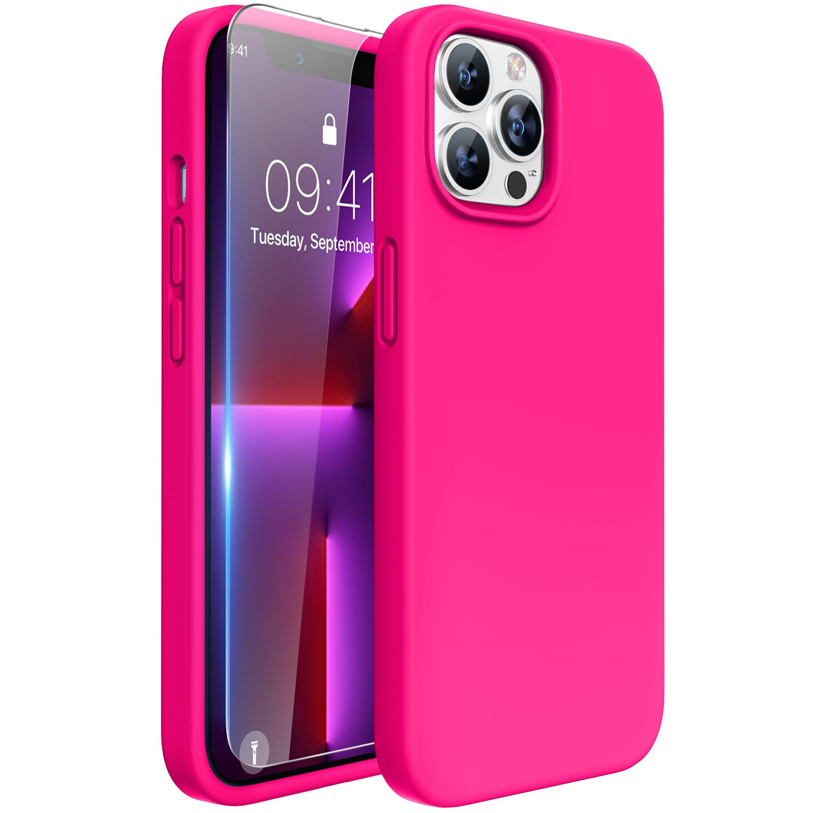 miracase Designed for iPhone 13 Pro Max Case with Screen Protector,[Soft Anti-Scratch Microfiber Lining],Shockproof Liquid Silicone Rubber Phone Case Cover 6.7 inch, Hot Pink