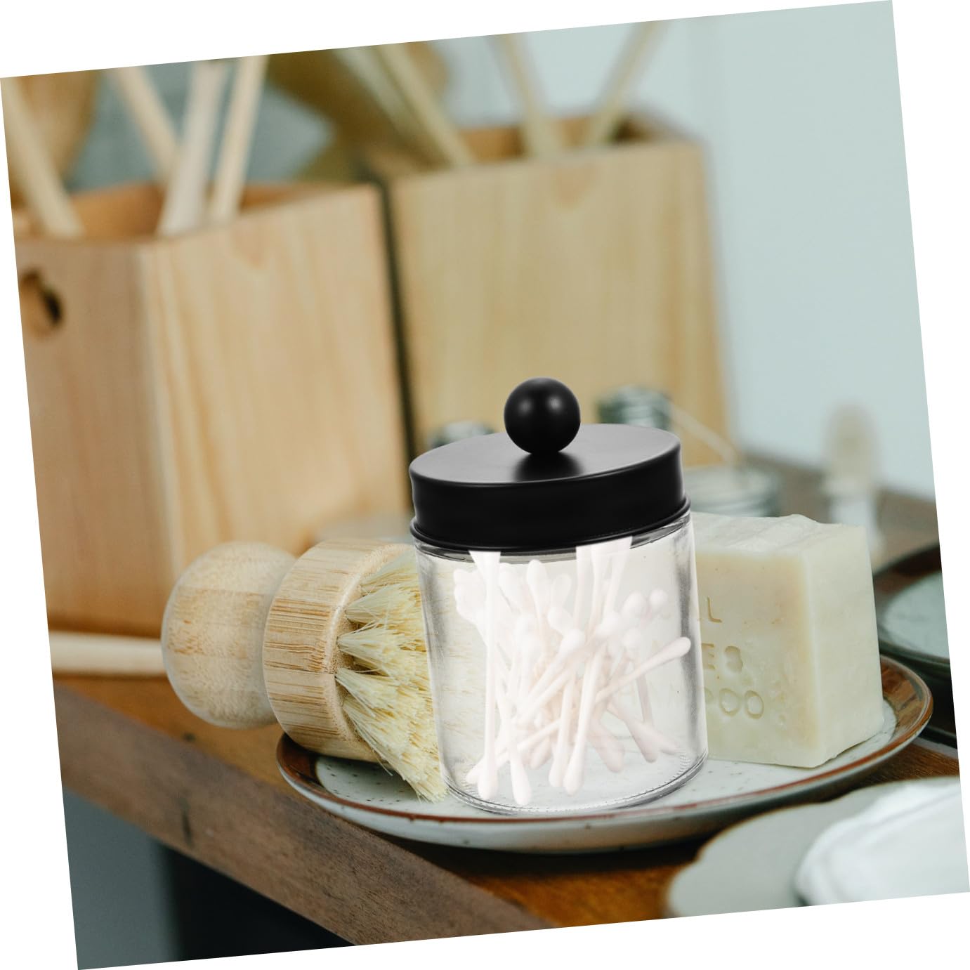 Transparenter Wattebauschhalter und Einfach Zugänglich aus Glas 3 Stück Leichter Badezimmer Organizer mit Edelstahl Deckeln Klar im Design für Vanity