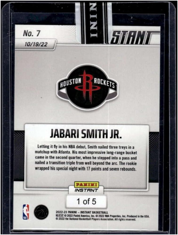 JABARI SMITH JR RC SSP 2022-23 Panini Instant VersiColor 1/5 ROOKIE #7 Rockets MT-MT+ NBA Basketball Debut