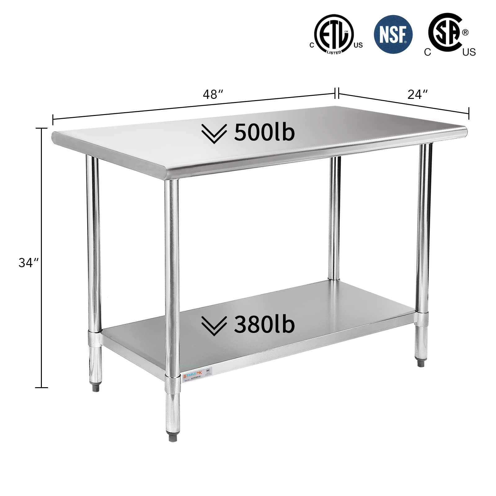 STABLEINK NSF Stainless Steel Table, 24 x 48 Inches Metal Prep & Work