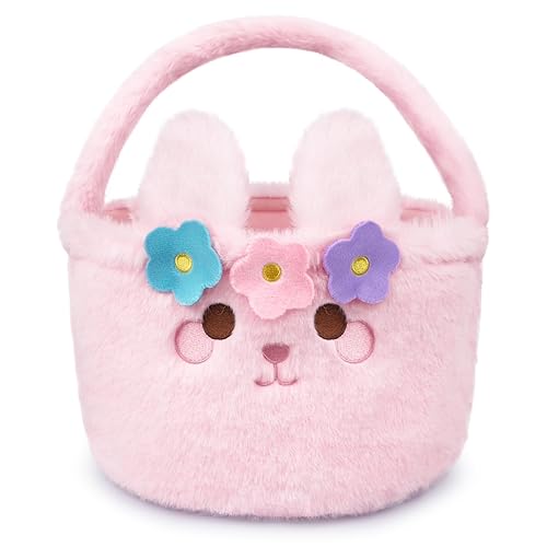 Cesta de Pascua – Cestas de Pascua para niños, cestas de conejo de Pascua de felpa rosa, cesta de Pascua para niñas vacía, bonita cesta de conejo