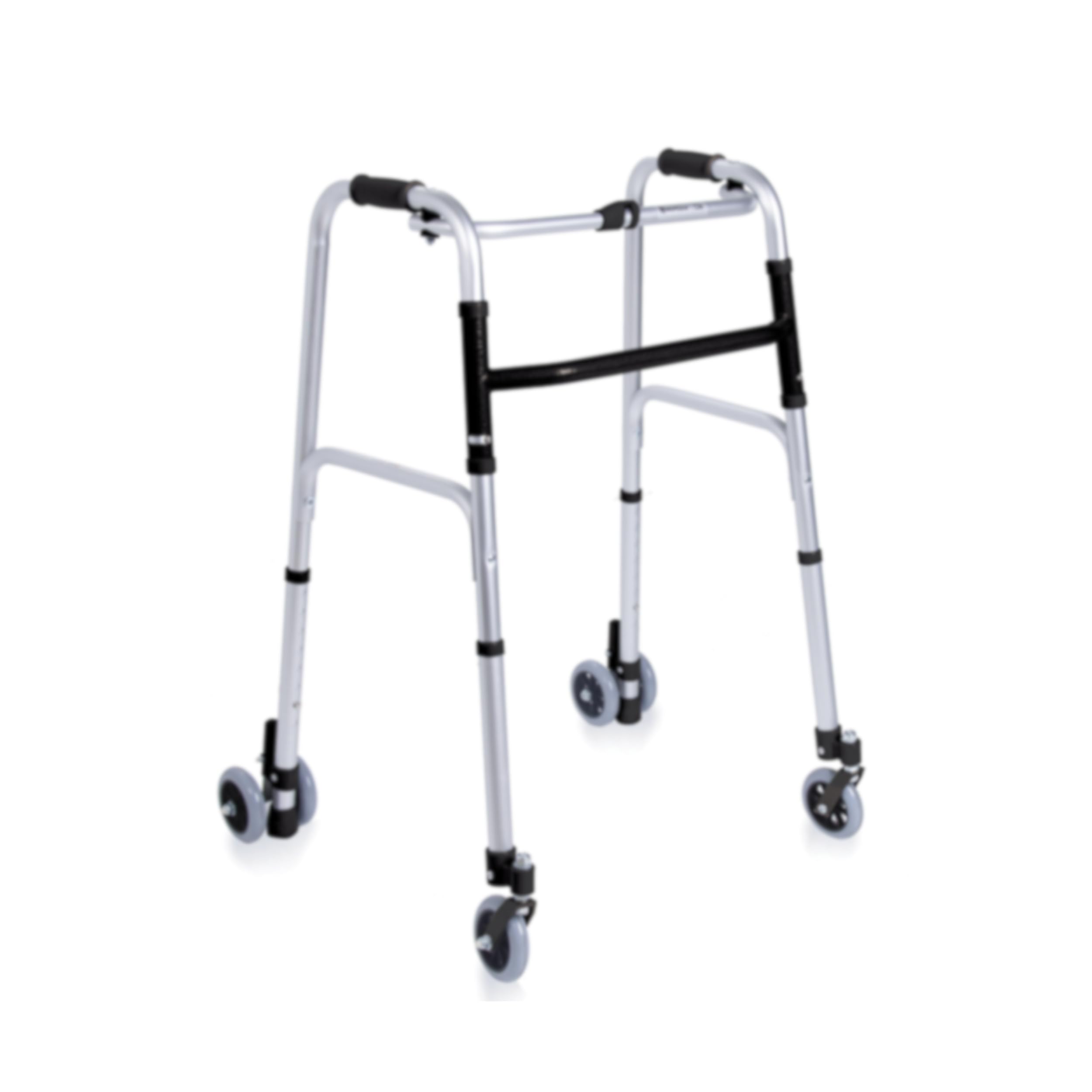 Deambulatore pieghevole in alluminio anodizzato – 2 ruote piroettanti e 2 gemellate con rotazione frizionata Ø10 cm – Click