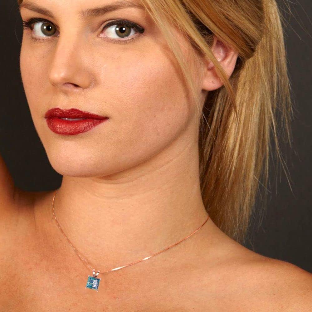 Clara Pucci 1 cttw Blue Moissanite Rose Gold-Plated Silver Necklace and Pendant for Women (18" Box Chain,Princess Cut,5.5mm)