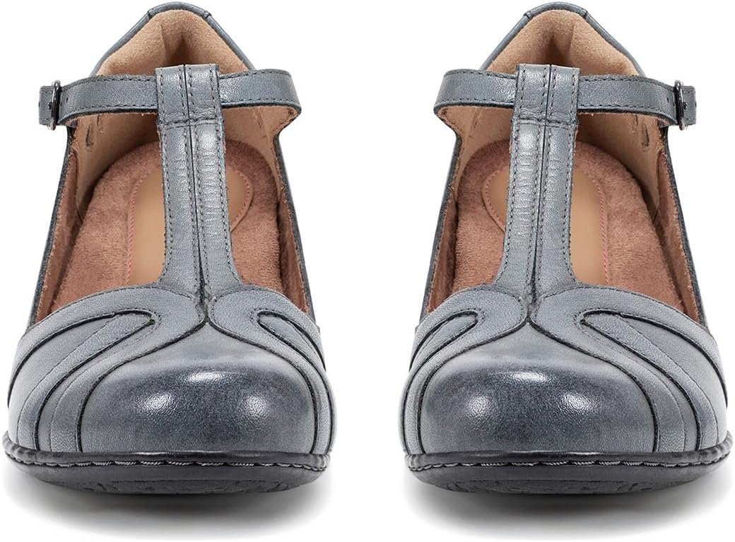 Women Silver Low Heel Mary Jane Oxford Shoes Round Closed Toe Ankle T-Strap Dress Sandals Chunky Block Heels Cutout Mary Jane Pumps Buckle Patchwork Work Office Ladies Matte Grey 8 - Image 5