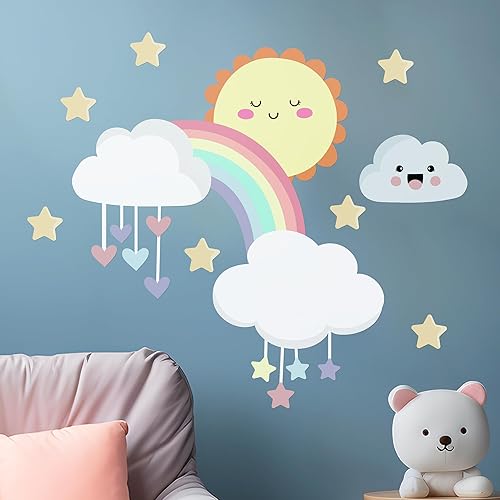 Calcomanía de pared con sol, arco iris y nubes para decoración de dormitorio, decoración de sala de juegos, decoración de sala de estar, decoración