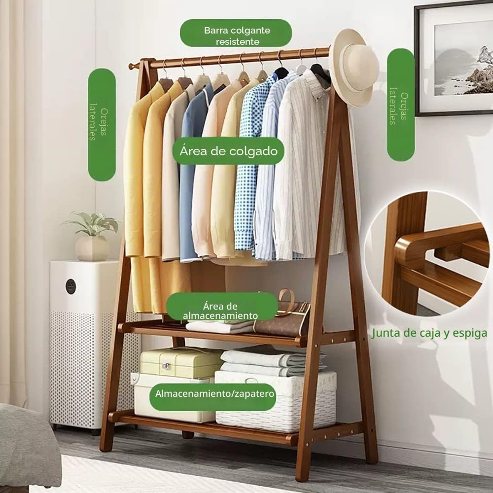 Perchero Burro de Bambú, Perchero de Pie Armario Abierto Madera con Raíles para Ropa, Percheros Burro para Dormitorio, Sala de Estar Oficina, Fácil Ensamblar