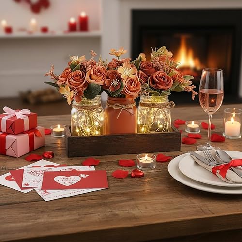 Miniatura 3 de Mkono Luces de Frasco Mason Centro de Mesa Decoraciones de Mesa para Comedor Decoración de Mesa de Café Estilo Granja Bandeja con 3 Frascos Centros