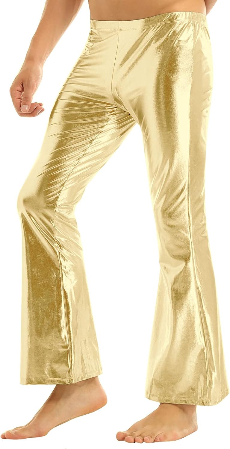 Jhaoyu Men's Adult Shiny Metallic Faux Leather Disco Long Pants 70s Bell Bottoms Flared Leggings Trousers
