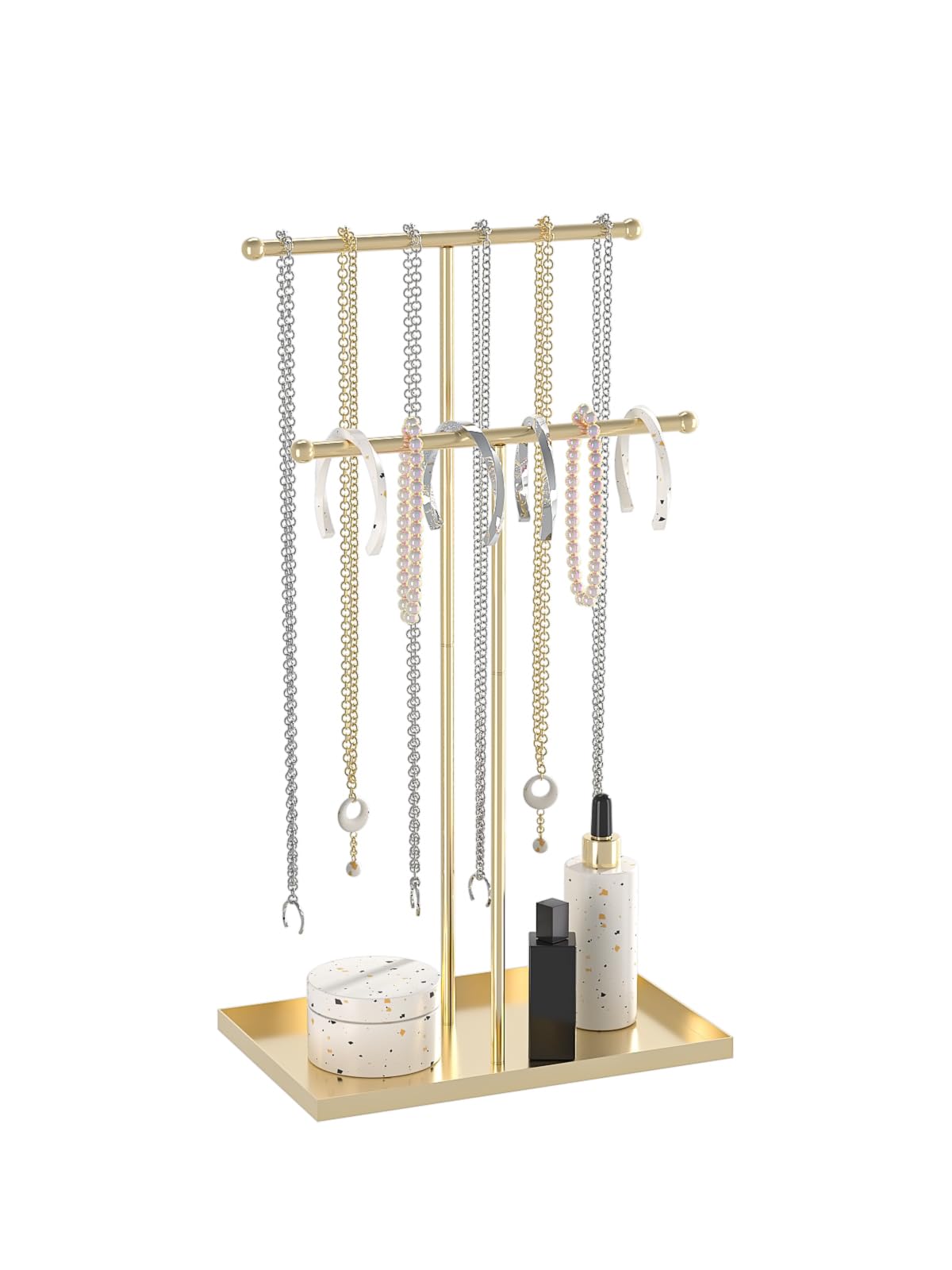 Coward 2 Tier Necklace Stand, Aesthetic Necklace Jewelry Holder, Home Decor Necklace Organizer Stand, Metal Necklace Bracelet Display Rack for Men Women (Gold)