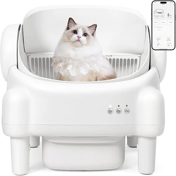 Paruuntys Self Cleaning Litter Box,Open Top Automatic Litter Box with App Control for Multiple Cats, Safety Sensors Protection, Odor Control Includes 2 roll Liners,Large Waste Bin, Cream White