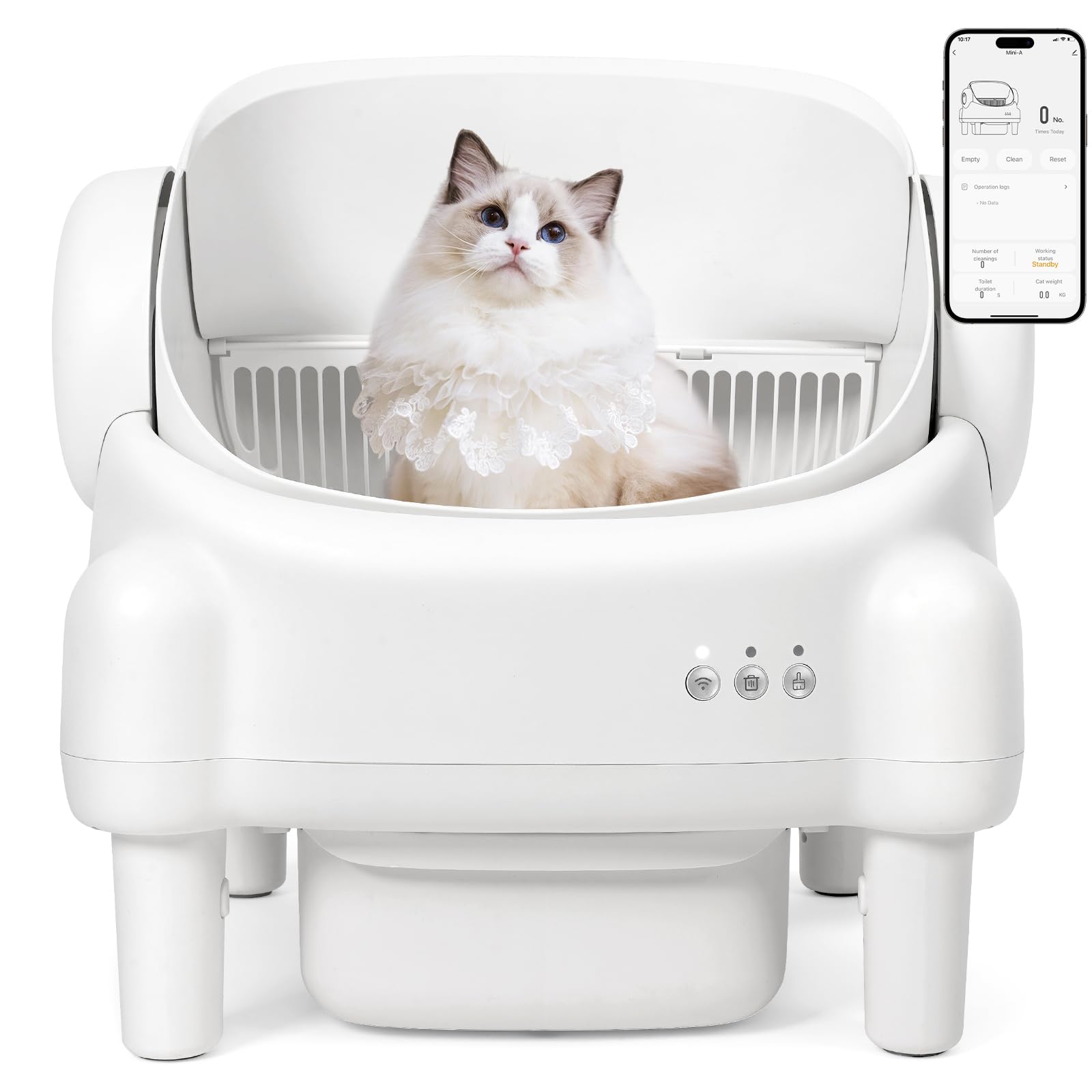 Self Cleaning Litter Box,Open Top Automatic Litter Box with App Control for Multiple Cats, Safety Sensors Protection, Odor Control Includes 2 roll Liners,Large Waste Bin, Cream White