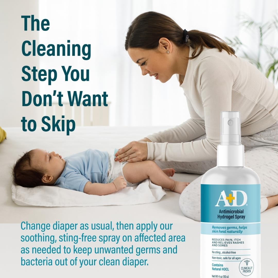 A+D Antimicrobial Hydrogel Spray – with Hypochlorous Acid, Removes Germs, Helps Heal Rashes & Irritations, Reduces Itch & Pain, Alcohol-Free, Non-Sting Formula, Safe for All Ages, 4oz