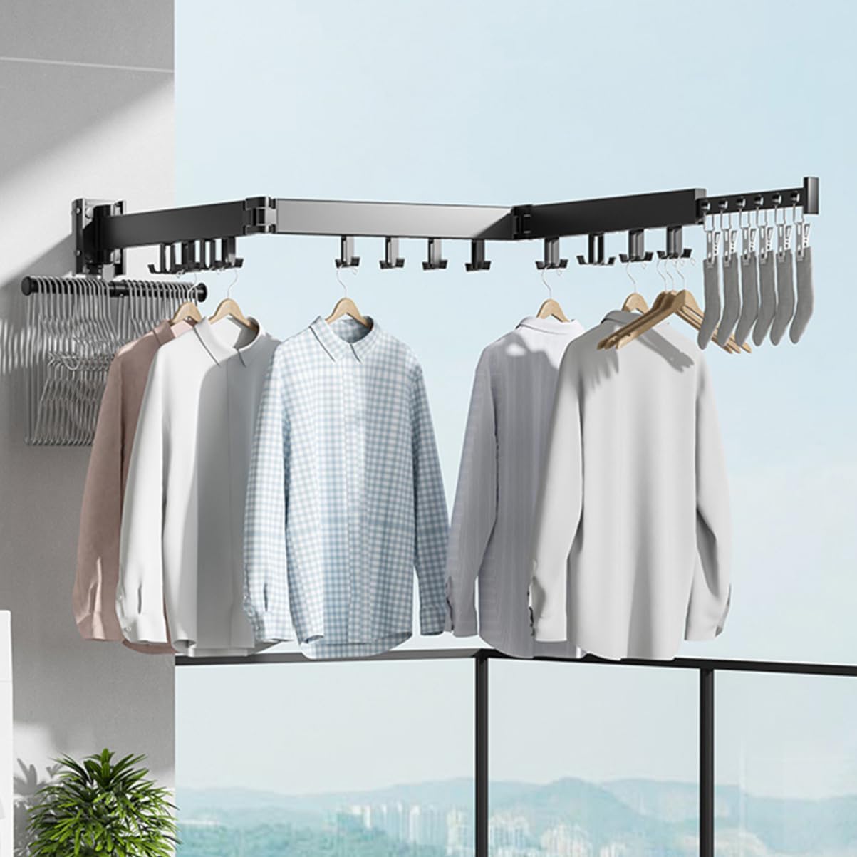 Space Drying Rack Folding Clothes Drying Rod Wall-Mounted Hanger Rack for Closet
