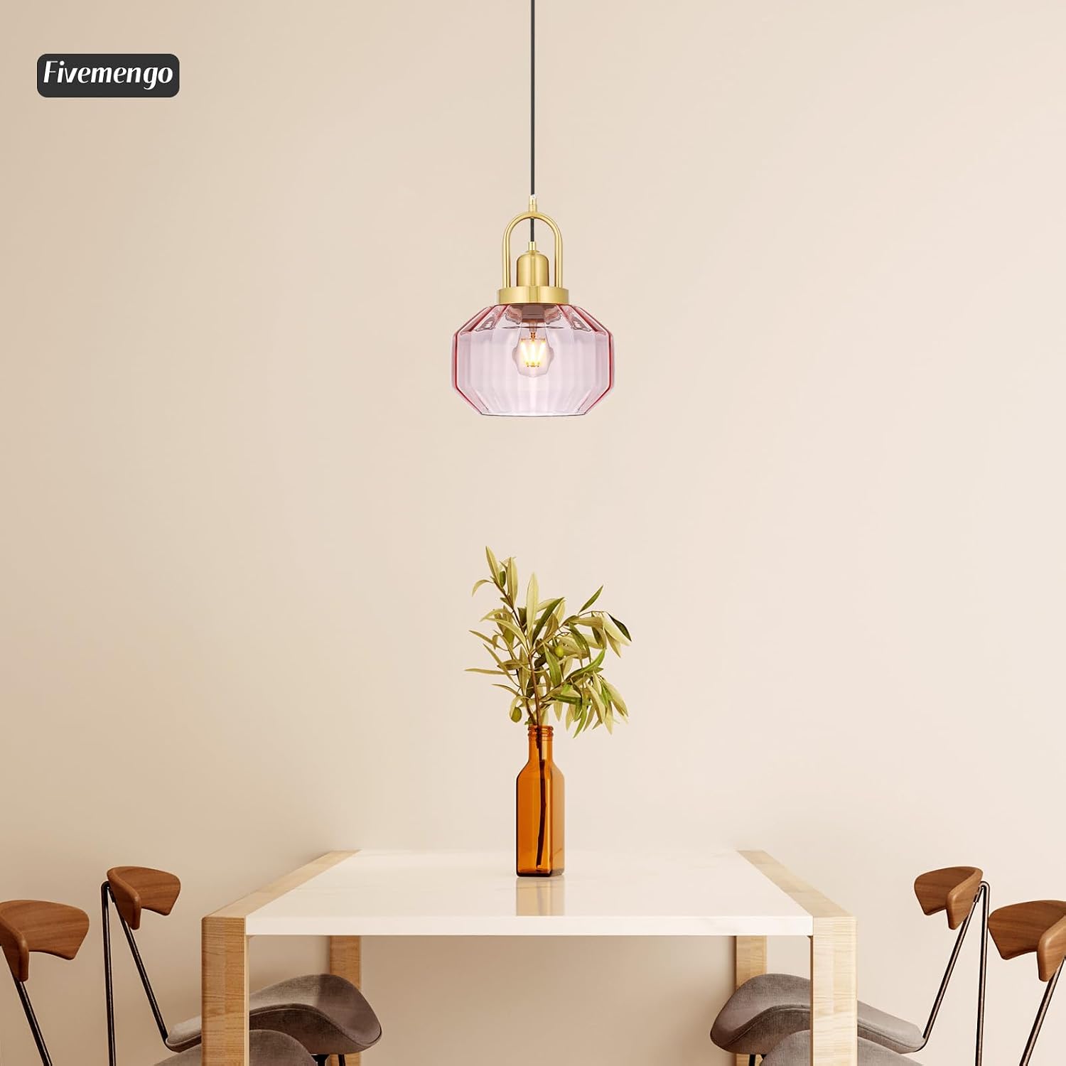9in Mid Century Modern Pink Glass Pendant Light Fixture, Small Gold Kitchen Island Pendants Light Glass Ceiling Hanging Lamp for Foyer Dining Room Bedroom Entryway Hallway Over Sink