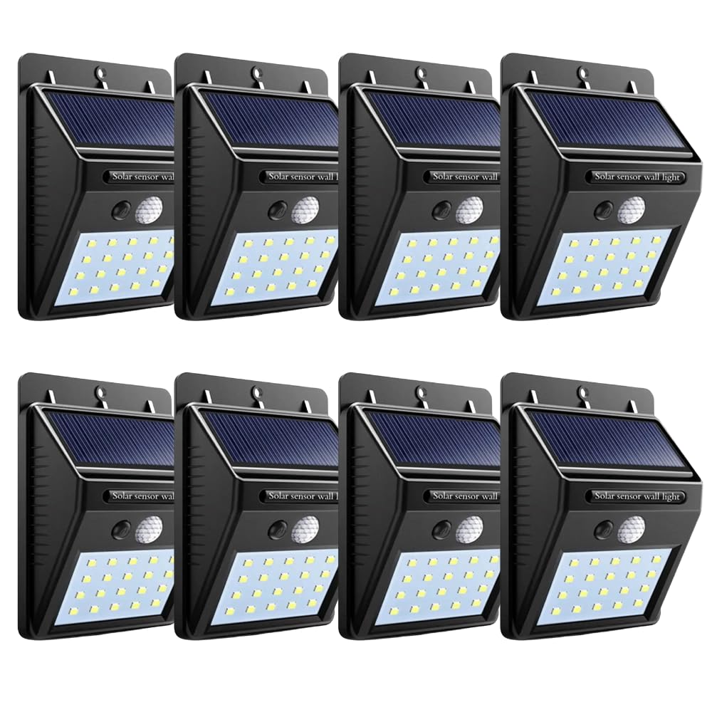 SDFIXINGS Solar Outdoor Security Light with PIR Motion Sensor, 20/40/60 LED High Brightness, IP65 Waterproof Wireless Solar Wall Lamp for Garden, Yard, Patio, Fence, Street, Driveway (60 LED, 8 Pack)