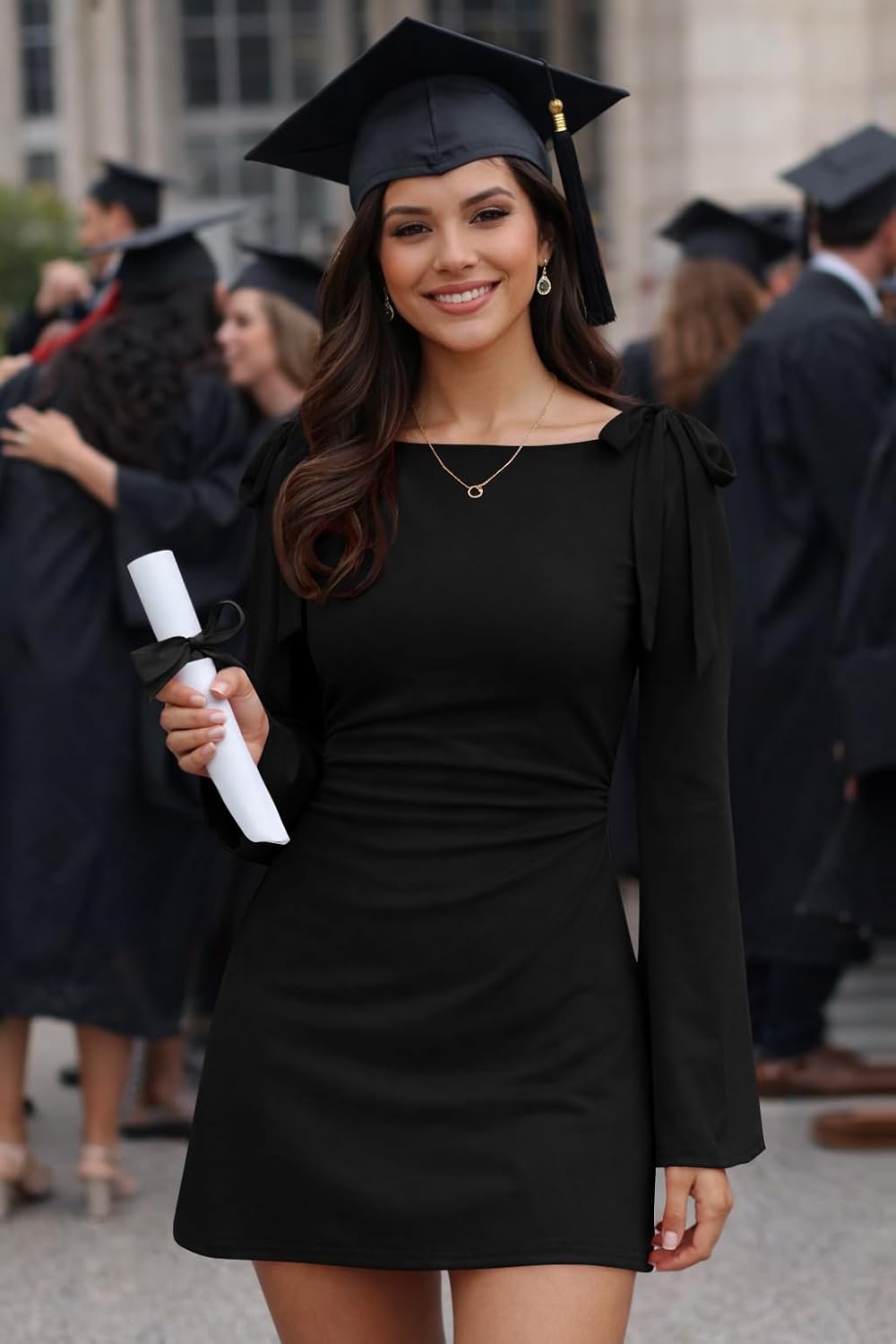 Women's Long Sleeve Boat Neck Bodycon Ruched Elegant Bow Tie Party Mini Dress - Image 2