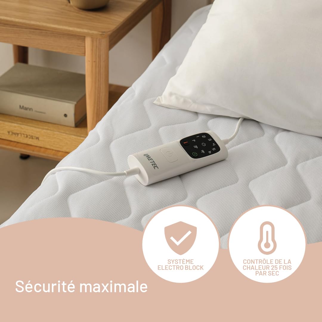 Imetec Chauffe-lit Adapto Matrimonial King Size 200x180 cm, Tissu hypoallergénique matelassé, 6 températures, Minuterie d'arrêt Automatique, Chauffage Rapide, 2 Commandes, Lavable, Sécurité maximale