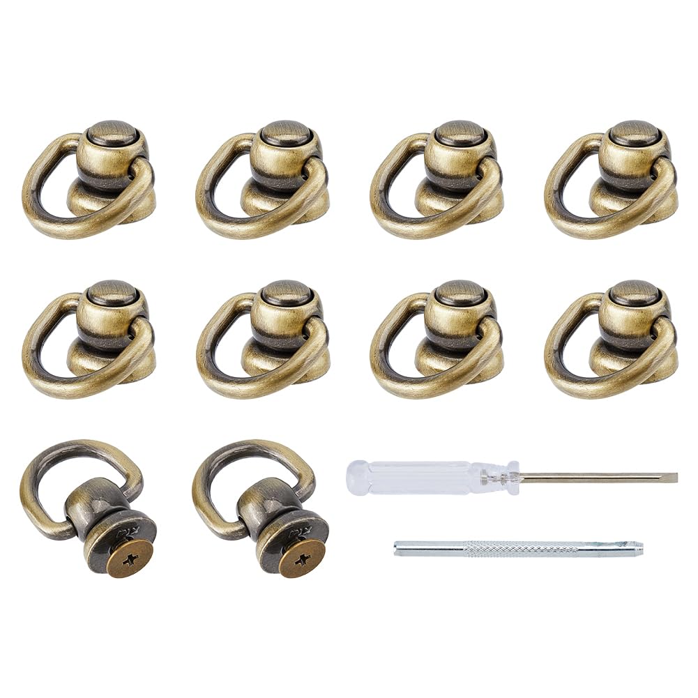 DICOSMETIC 10Pcs D Ring Stud Screw Ball Head Buttons Antique Bronze Purses Hardware Rotatable Heavy Duty Leather Rivets Button with 1Pc Steel Punche and 1Pc Screwdrivers for Handbag Leather Crafts