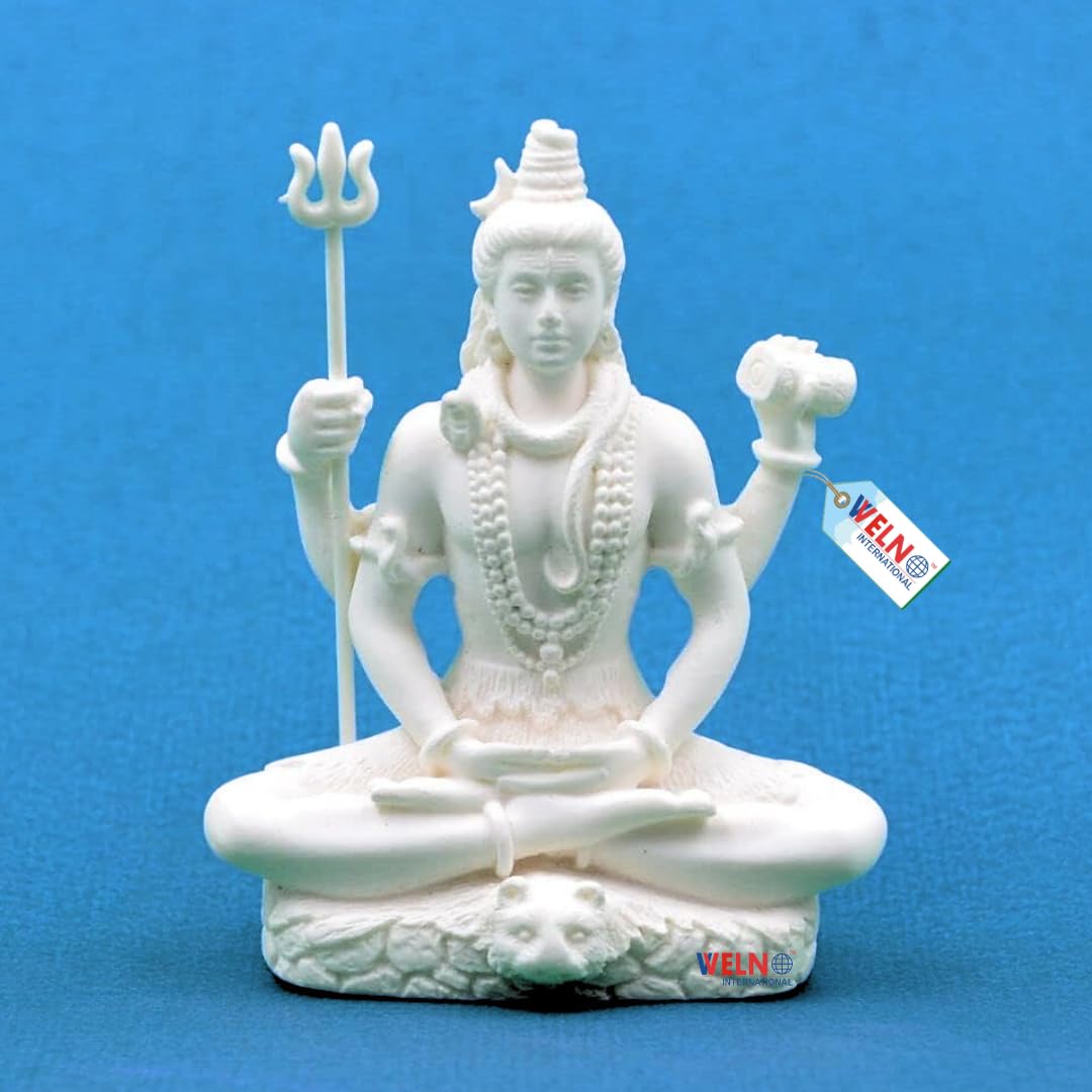 WELNO International Handicraft Marble dust Lord Shiv ji Statue for Pooja, Car Dashboard I Shiva Idol I Bholenath I Mahakal I Adiyogi Statue I Office Table (Shiv_White)