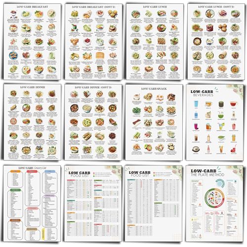 Image of Sinload 12 Pcs Low Carb Food List Chart Posters Low Carb Meal Plan Grocery Health Food Diet Plan Beverages Snack Ideas for Kitchen
