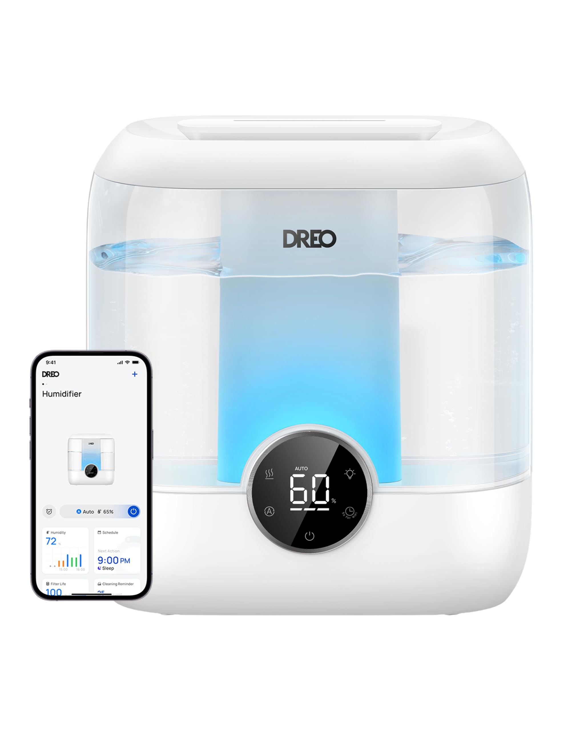 DREO Smart Humidifiers for Bedroom, 6L Top Fill Supersized Cool Mist Humidifier for Large Room, 60 Hour Runtime, Quiet Ultrasonic Humidifier for Plants, Indoor, Home, Night Light, White