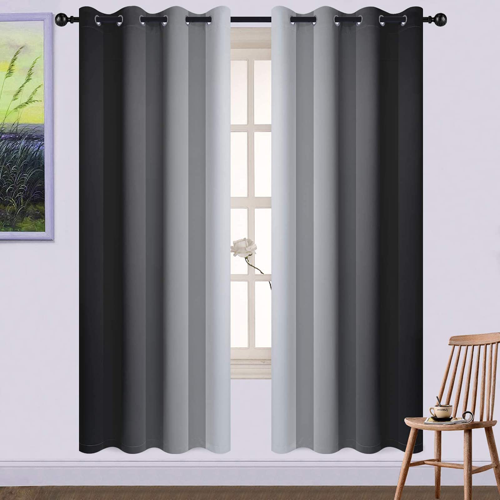 Yakamok 72 Inch Length Black and Greyish White Ombre Blackout Curtains, Light Blocking Gradient Color Room Darkening Thermal Insulated Grommet Window Drapes for Bedroom (2 Panels, 52x72 Inch)