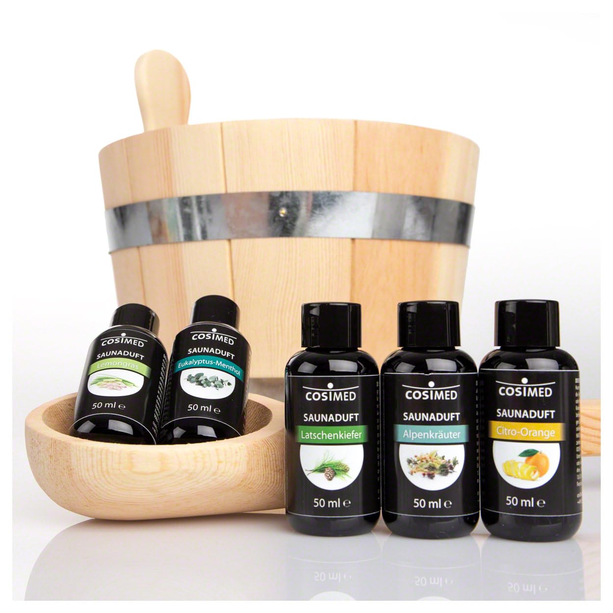 Sport-Tec Sauna Starter-Set 9-TLG., Aufgusskübel + Schöpfkelle + 6 versch. Saunadüfte á 50 ml