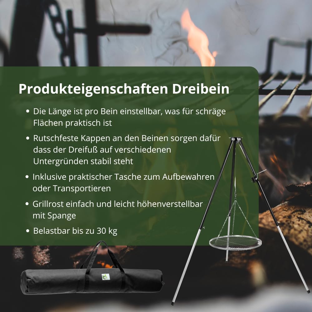 HeRo24 Dreibein Schwenkgrill Grillgestell mit Kurbel inklusive Grillrost 70 cm verchromt mit Tragetasche höhenverstellbar für Feuerstelle Garten und Camping.