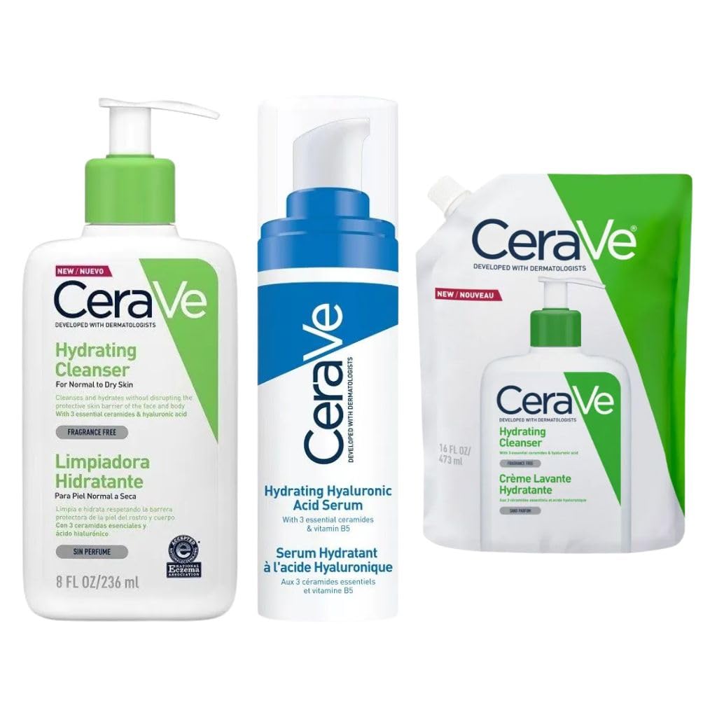 CeraVe Hydrating Cleanser 236ml + Cleanser Refill 473ml + Hyaluronic Acid Serum 30ml – Complete Daily Routine