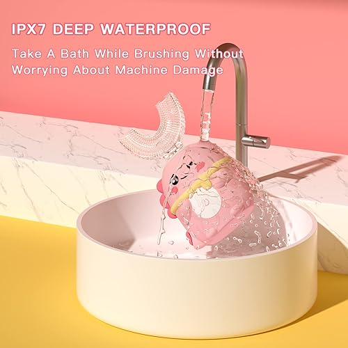 Miniatura 4 de JIANLEJIA Cepillo de dientes eléctrico en forma de U para niños pequeños con 5 cabezales de cepillo, cepillos de dientes ultrasónicos de dinosaurio