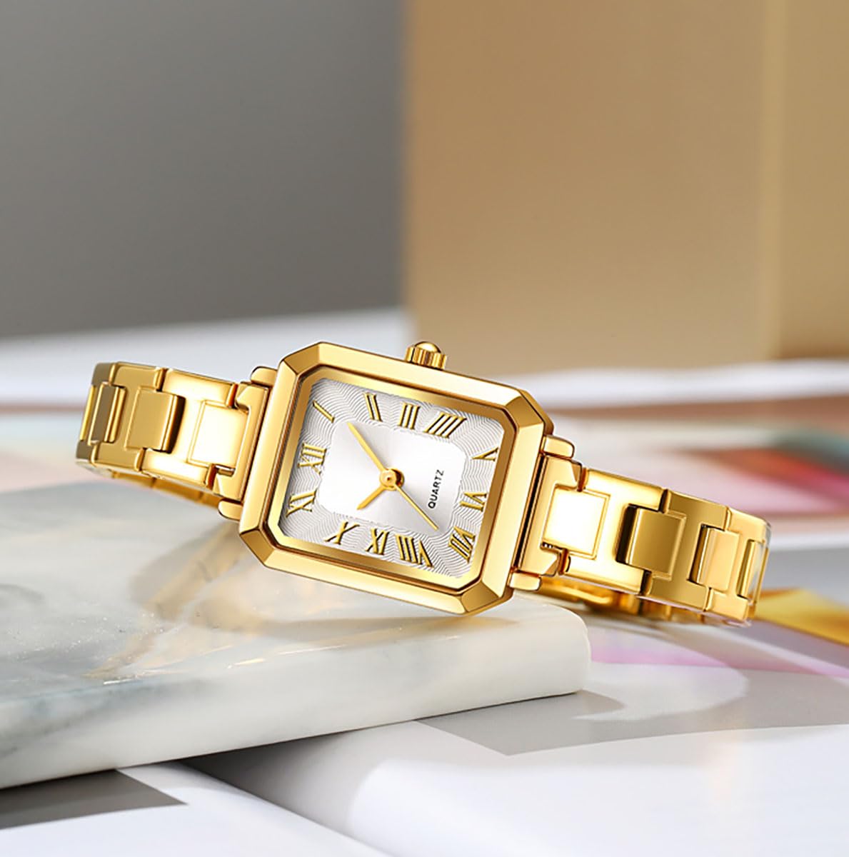 BESTKANG Women's Small Wrist Watch Rectangular Quartz Watch Classic Roman Numeral Dial 30M Waterproof Stainless Steel Band Wristwatch