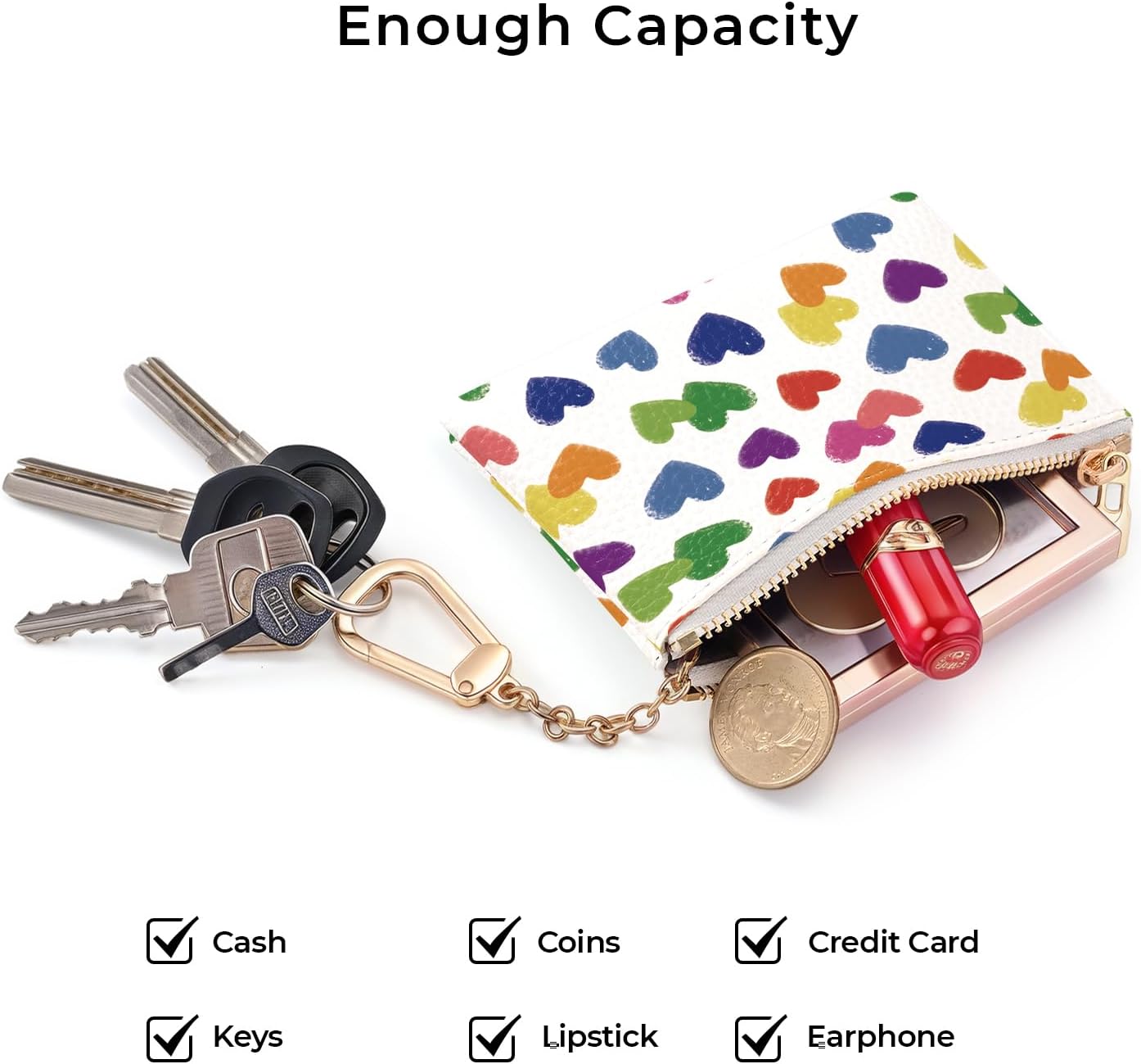 Love Hearts Keychain Coin Purse for Women, Small PU Leather Change Pouch, Zipper Little Tiny Travel Wallet for Girls, Cute Kawaii Zip Pocket Coin Holder with Key Ring - Image 5