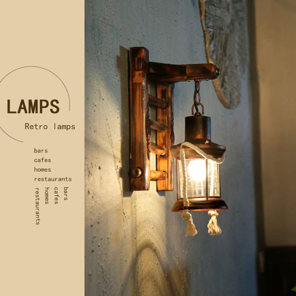 Massivholz Retro Lichter Rustikale Wandleuchte Wohnzimmer Wandlampe Schlafzimmer Wand Kreativ Gang Korridor Bar Cafe Laterne Vintage Glas Holz Treppe Design Wandleuchten Keine Lichtquelle