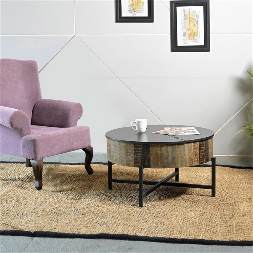 Pemberly Row Round Storage Coffee Table, Mango Wood, Rustic Vintage Finish, Adjustable Top, Hidden Storage, Sturdy Iron Base, Modern Contemporary Living Room Table