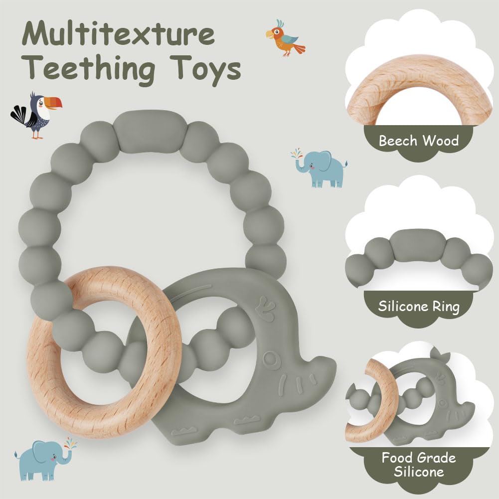 Vicloon Silicone and Wood Teething Toys - Easy to Hold and Clean Up, Octopus Teether for Boys & Girls (Green-Grey) - Image 3