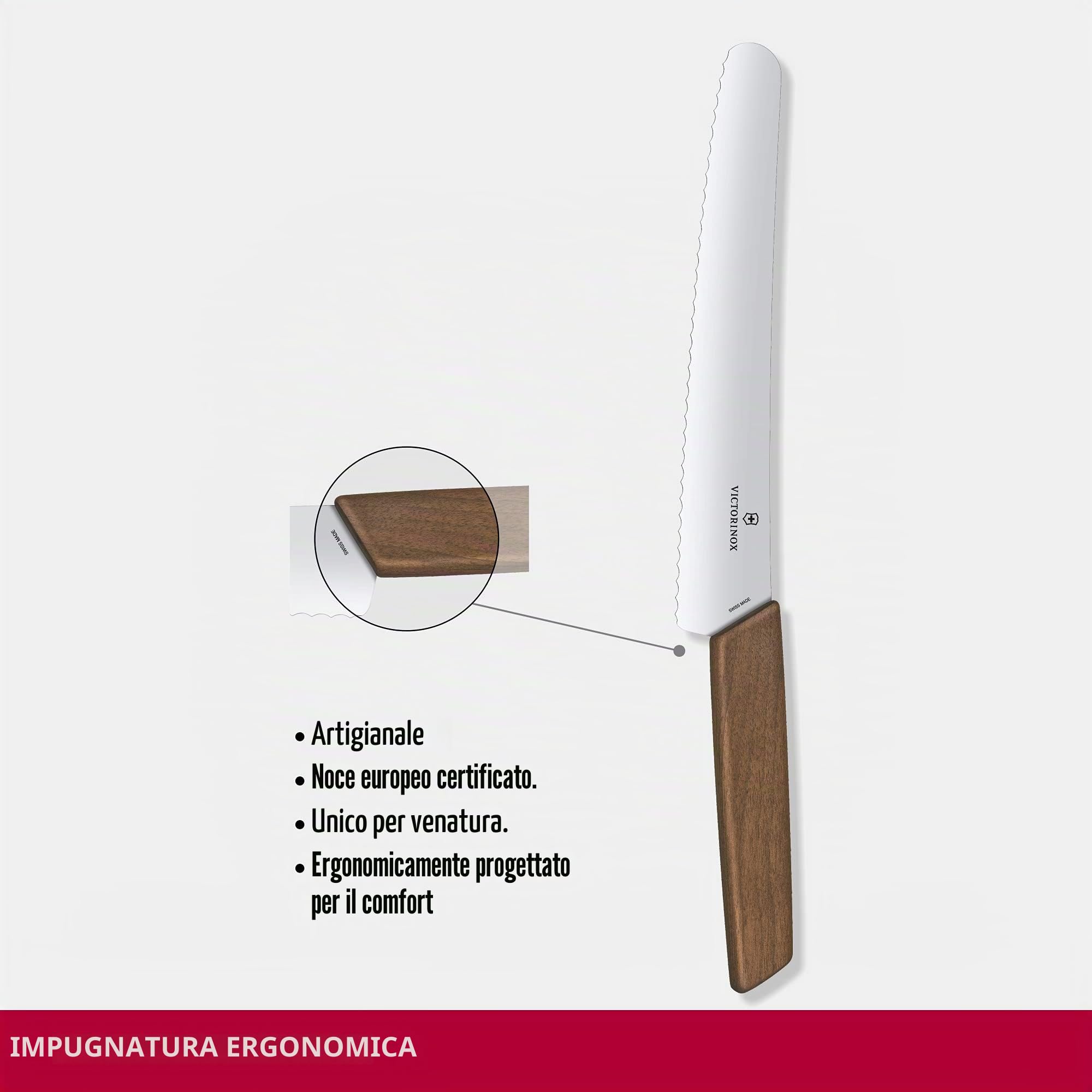Victorinox Swiss Modern, Coltello professionale per pane e pasticceria, Lama extra affilata, bordo seghettato, 22 cm, Elegante manico in legno, Acciaio inox, marrone