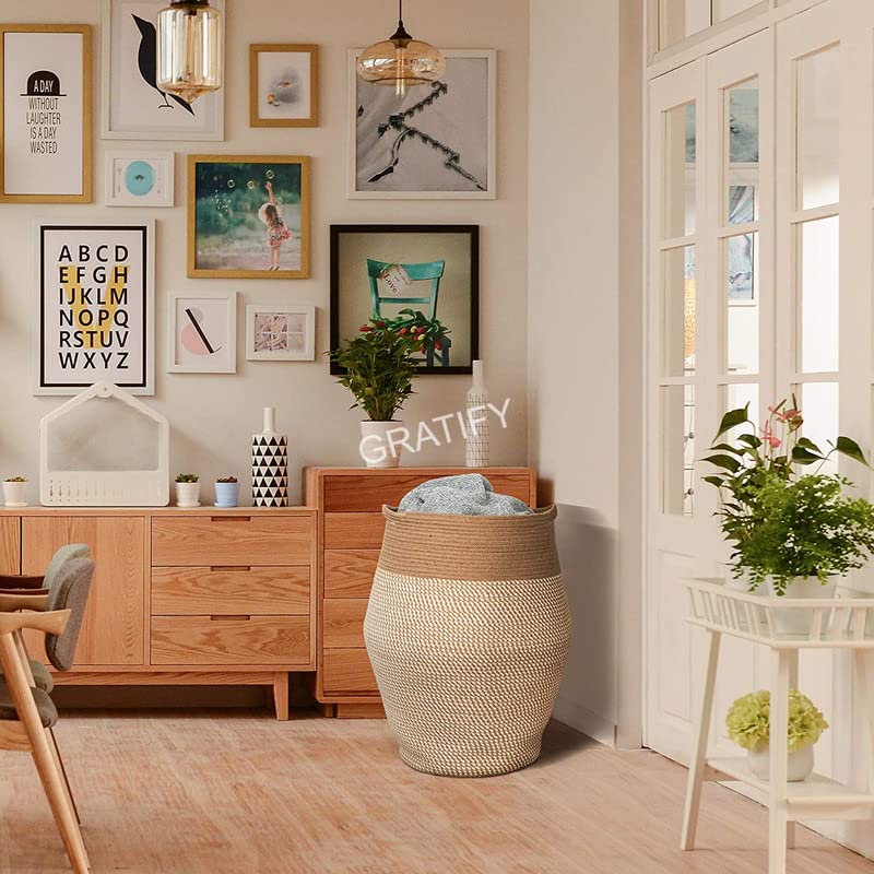Image of GRATIFY Tall Laundry Hamper | Woven Jute Rope Dirty Clothes Hamper Modern Hamper Basket Large in Laundry Room, ( Mix Brown 18x 16 Inch)