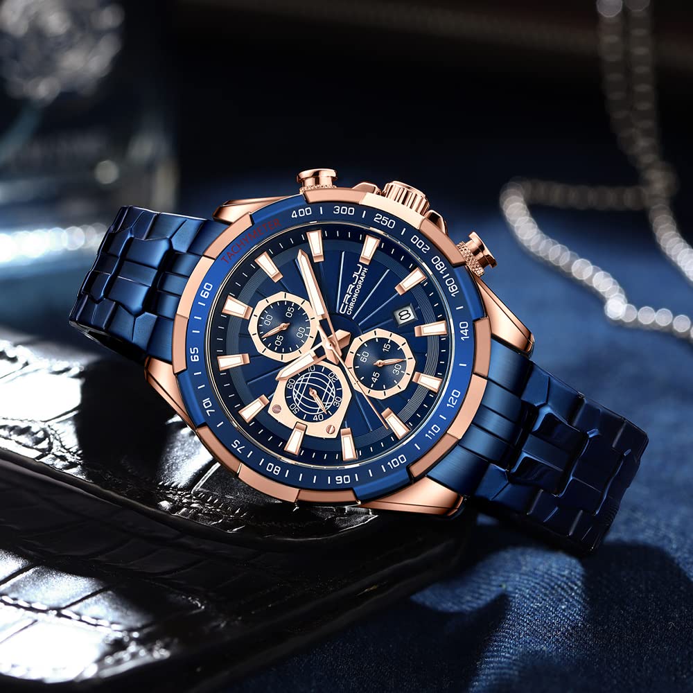 CRRJU Orologi al quarzo analogici casual da uomo alla moda per uomo con cronografo da polso, orologio impermeabile con cinturino in acciaio inossidabile blu, Blu e blu.