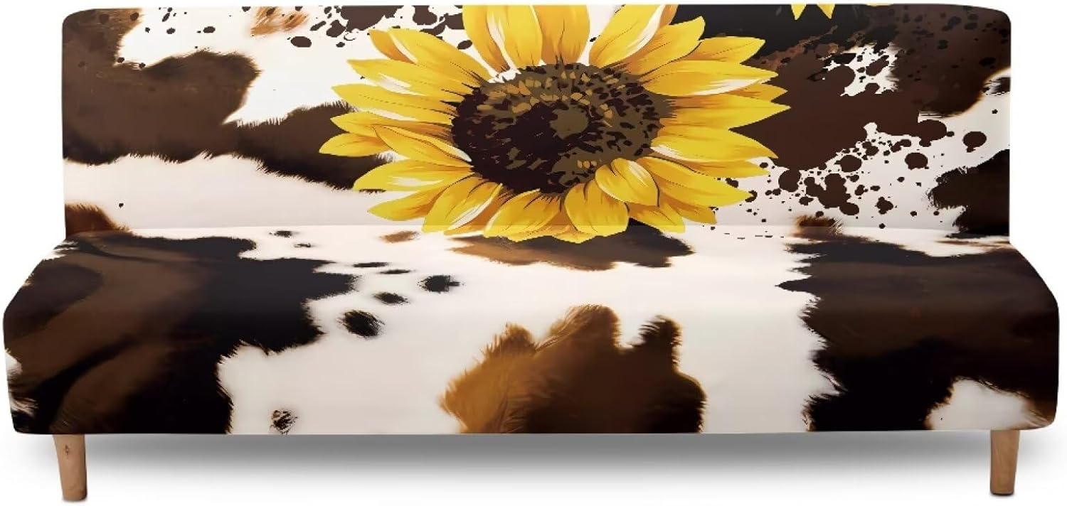 Sunflower Brown Cow Print Armless Sofa Couch Bed Slipcovers with Elastic Bands for Home Living Room Easy to Install Non Slip Futon Dust Cover Machine Washable