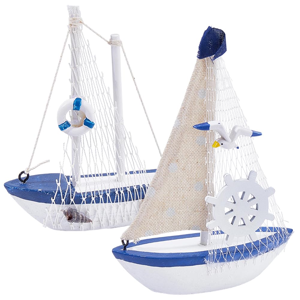 SOFPLATE 1 Box 2 Styles 2Pcs Small Sailboat Decor Wooden Miniature Ship Blue White Wood Beach Nautical Theme Design Sea Mew Shell Sailing Boat Model for Home Office Bedroom Tabletop Ocean Party Decor