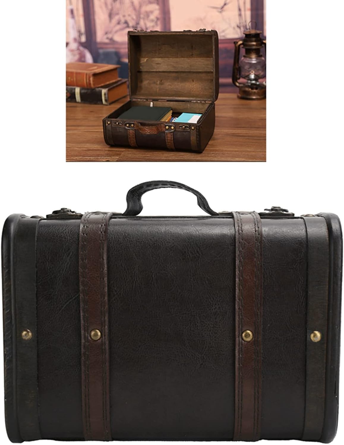 LiebeWH Vintage Wooden Storage Chest Retro Suitcase Decorative Trunk for Home Decor Photography Props Travel Storage with Portable Handle