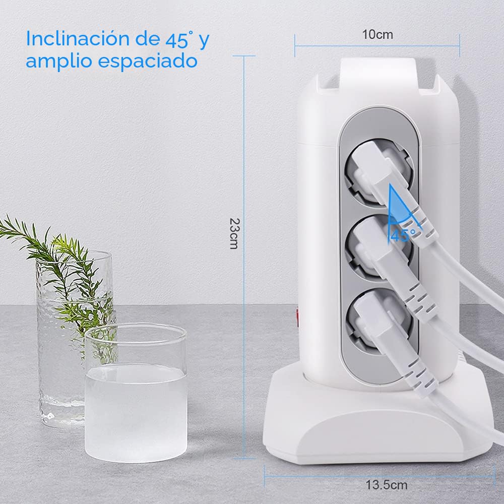 FDTEK Torre Regletas Enchufes 9 Tomas AC con 3 USB-A y 1 USB-C Regleta Vertical con Cable Retráctil 1,65 m, Ladron Enchufe Multiple con Interruptor y Protección Sobrecargas para Oficia Casa, 2500W/10A