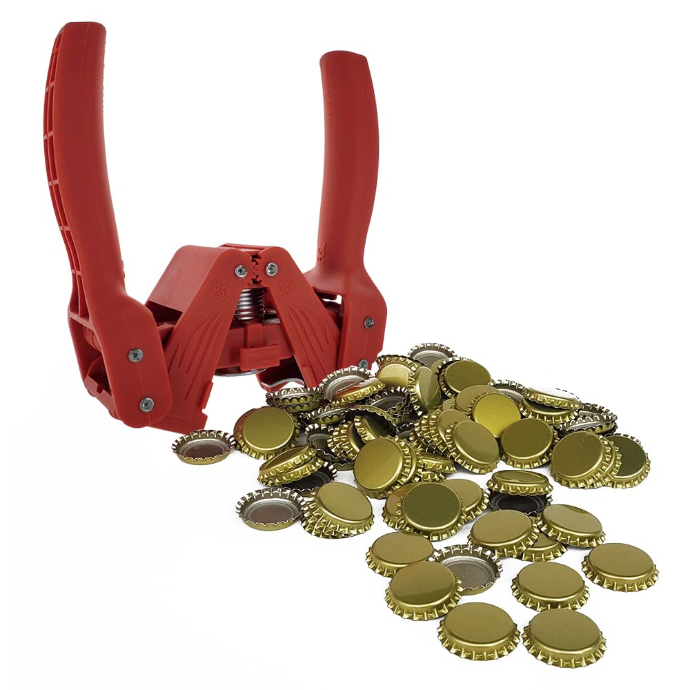 Chicago Brew Werks Red Baron Bottle Capper with 144 count Gold Crown Oxygen Barrier Beer Bottle Caps