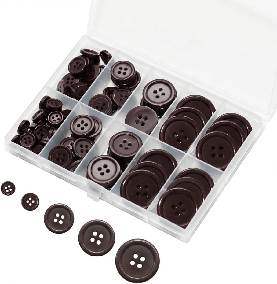 Lilaly 100 pcs Dark Brown Buttons for Crafts, 5 Sizes Mixed Round Sewing Buttons for Clothes, Suitable for for DIY Crafts, Coats, Shirts, Pants, Shorts