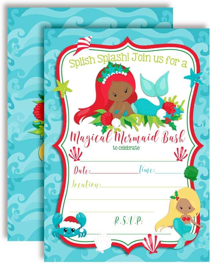 Amazon Co Jp Amandacreation クリスマスホリデー マーメイドバッシュ ダークコンプレッション付き 誕生日パーティー招待状 枚入り 5インチx7インチ ホワイト封筒枚付き 文房具 オフィス用品