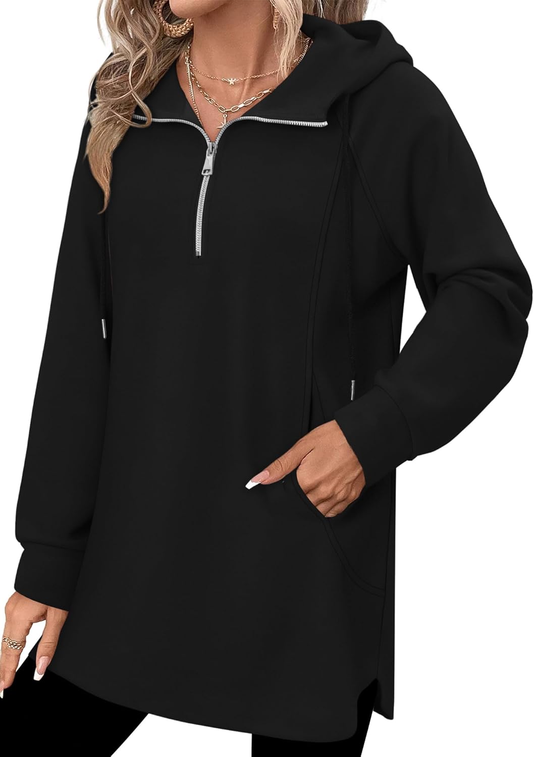 onlypuff Women Hoodie Pullover Trendy Quarter Zipper Lapel Sweatshirts Drawstring Cute Hooded Tunic Tops with Side Pockets - Image 4