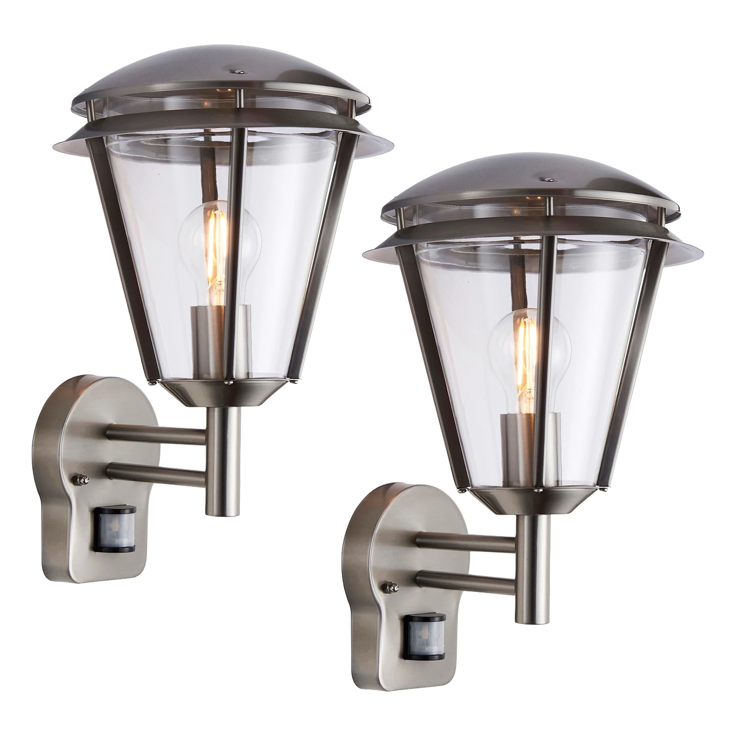 INOVA Outdoor Lights with Sensor - Security Lights Outdoor Motion Sensor - Brushed Stainless Steel PIR Motion Sensor Lights - Motion Detector Outside Lights - IP44 Weatherproof Wall Lights - 2 Pack