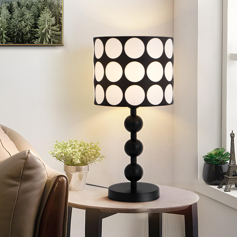 Moderne Tischlampe Schwarz-Weiß Punkte, E27 Fassung Kugelsäule, Nachttischlampe Wohnzimmer Büro, Nordisches Design mit Kabelschalter